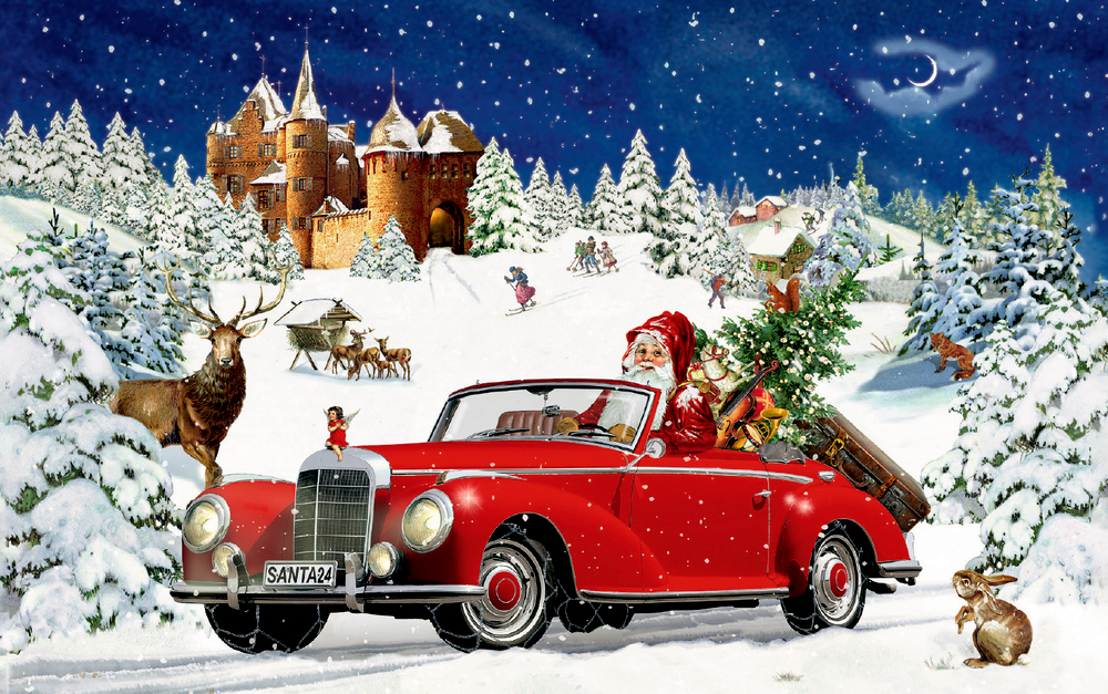 Weihnachtsmann in rotem Cabrio mit Geschenken und Tannenbaum in verschneiter Winterlandschaft vor einem Schloss und Tieren.