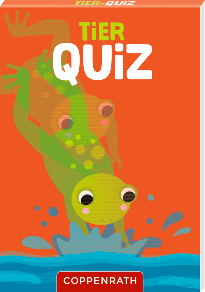 Orangefarbenes Quizbüchlein mit grünem Frosch, der ins blaue Wasser springt, und dem Titel „Tier-Quiz“.