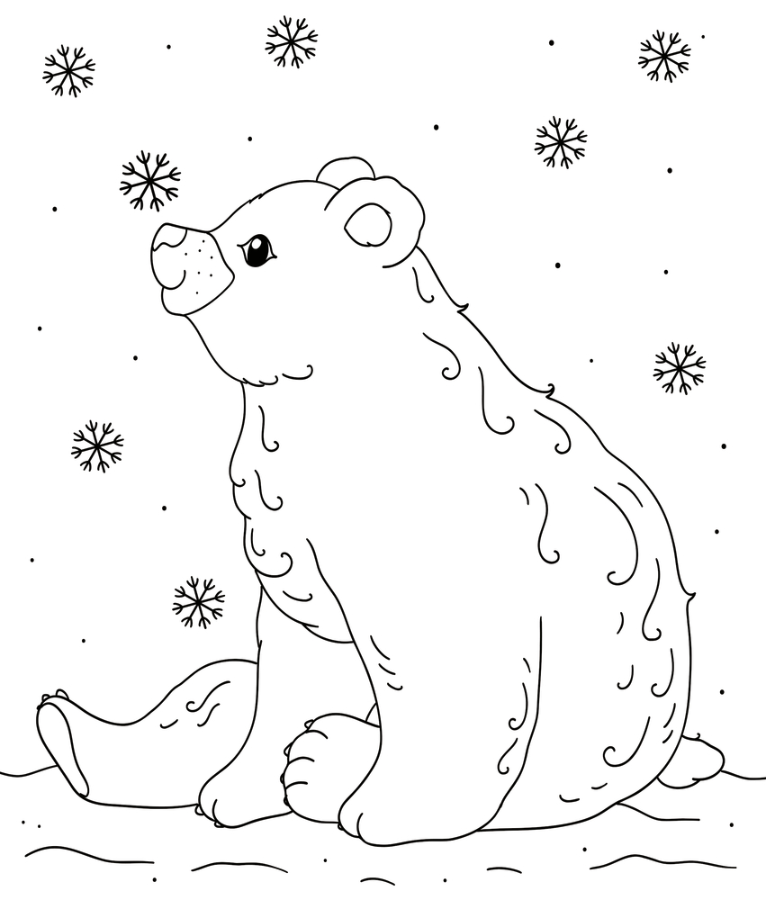 Zeichnung eines sitzenden Eisbären im Schnee mit fallenden Schneeflocken.