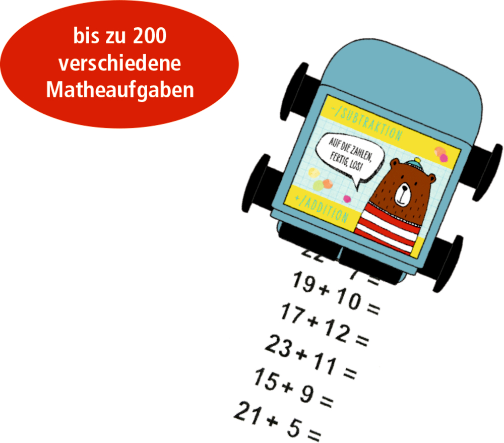 Blaues Objekt mit Bärenmotiv stempelt Matheaufgaben auf weißen Untergrund.
