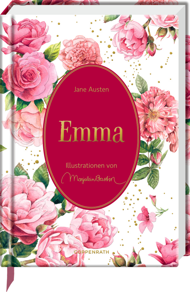 Buchcover „Emma“ von Jane Austen mit rosa Blumen und goldenen Akzenten auf weißem Hintergrund.