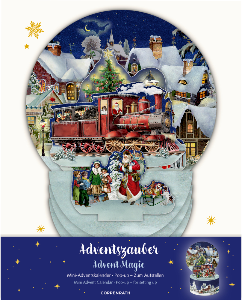 Pop-up-Adventskalender mit winterlicher Dorfszene, Dampflok, Weihnachtsbaum, Kindern und Weihnachtsmann im Schnee.