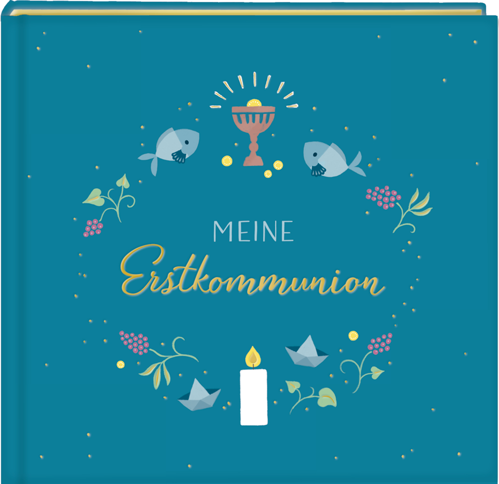 Blaues Cover mit Kelch, zwei Fischen, einer Kerze und Blumen. Text: „Meine Erstkommunion.“.