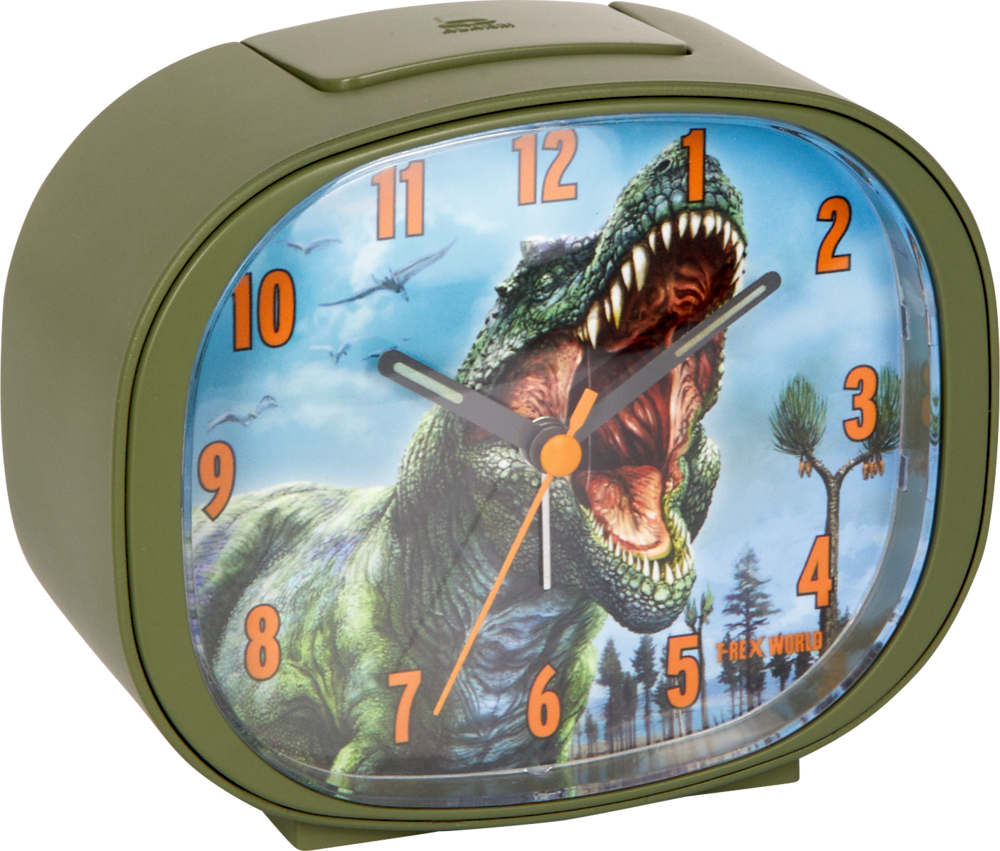 Grüner Wecker mit einer brüllenden T-Rex-Illustration und orangefarbenen Zahlen auf dem Zifferblatt.