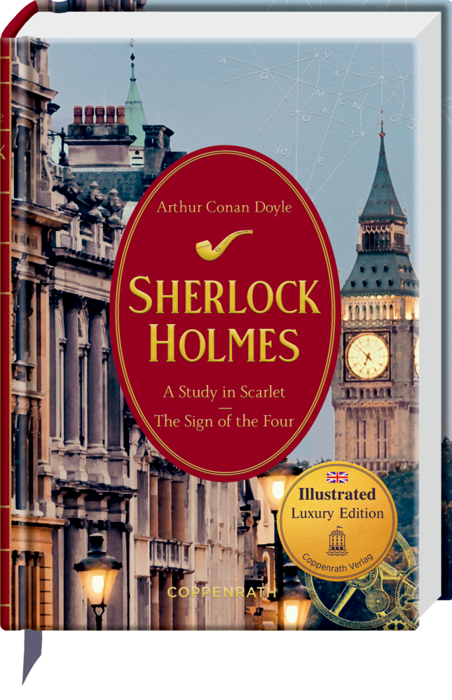Buchcover von Sherlock Holmes mit Big Ben und der Skyline von London sowie einem rot-goldenen Titeletikett.