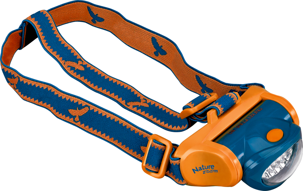 Blaue und orangefarbene Stirnlampe mit verstellbarem Riemen, Vogelsilhouetten und Nature Zoom-Branding.