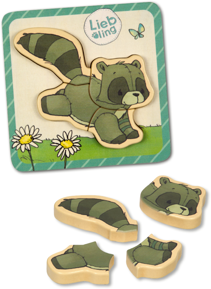 Waschbär aus Holz in vier Teilen.