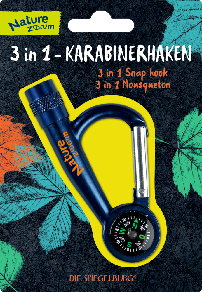 Blauer 3-in-1-Karabiner mit Kompass auf einer Nature Zoom-Verpackung mit Blättermuster.