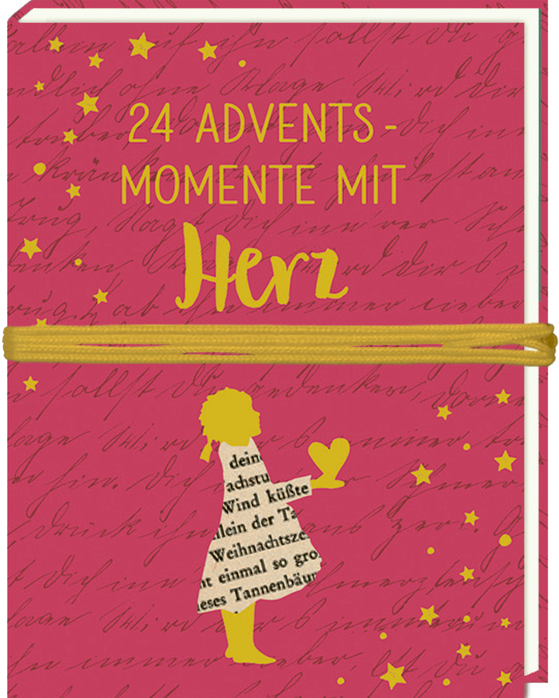 Rotes Buch mit gelben Sternen, Titel „24 Adventsmomente mit Herz“, gelbe Figur mit Herz und Textmuster, gelbes Band um das Buch.