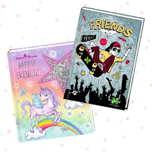 Cover zweier Bücher mit Einhorn- und Skateboard-Motiv
