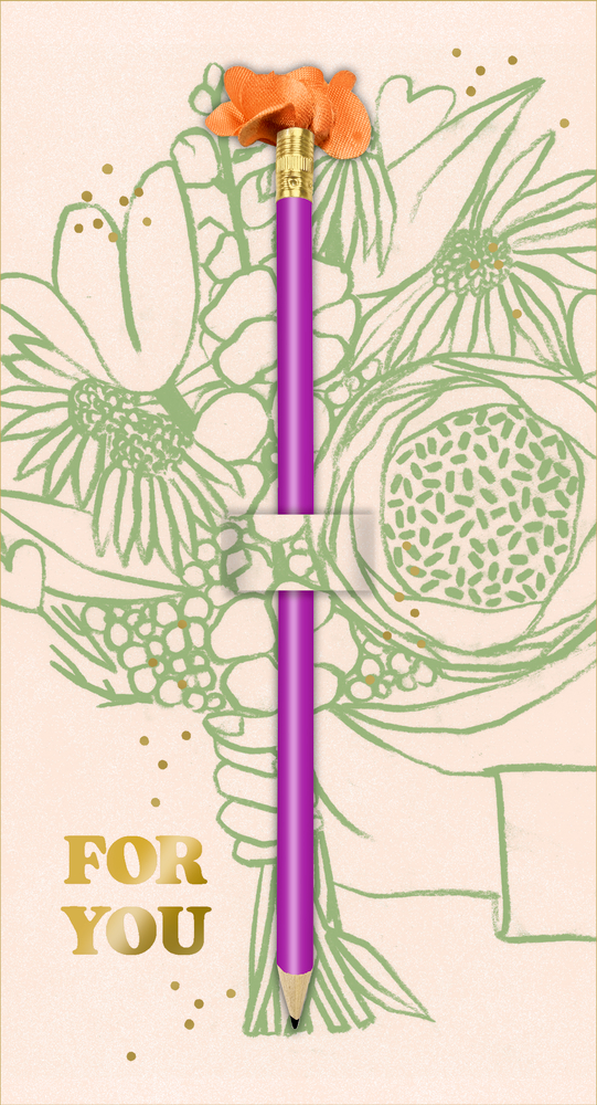 Lilaner Bleistift mit orangefarbener Blume auf beigefarbenem Hintergrund mit grünem Blumenmuster und goldenem Text „FOR YOU“.