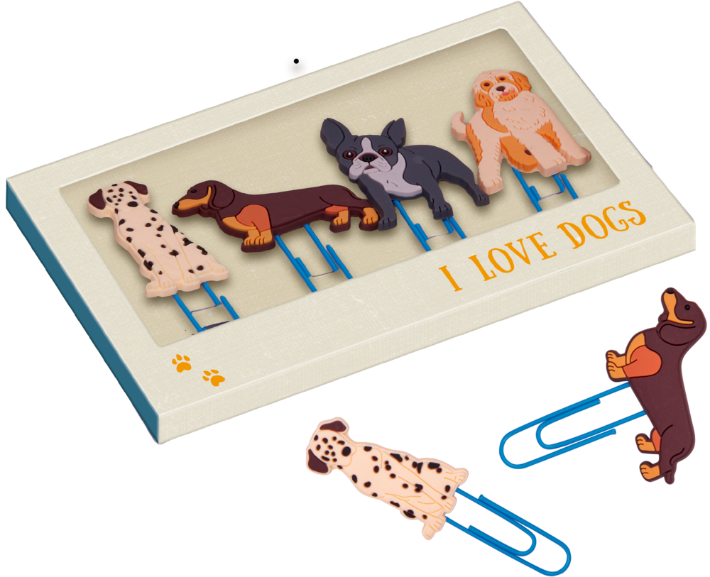 Set aus vier blauen Büroklammern mit verschiedenen Hundefiguren aus Gummi und der Aufschrift „I LOVE DOGS“ auf der Verpackung.