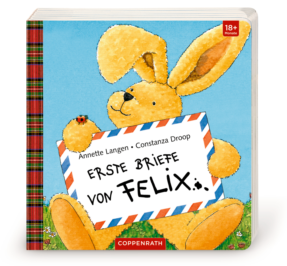 Gelber Plüschhase hält ein umschlagförmiges Schild mit dem Titel auf dem Kinderbuchumschlag.