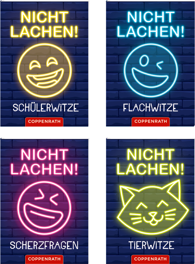 Vier Bücher mit Neon-Design, jeweils mit lachendem Emoji oder Katzenmotiv und den Titeln Schülerwitze, Flachwitze, Scherzfragen, Tierwitze.
