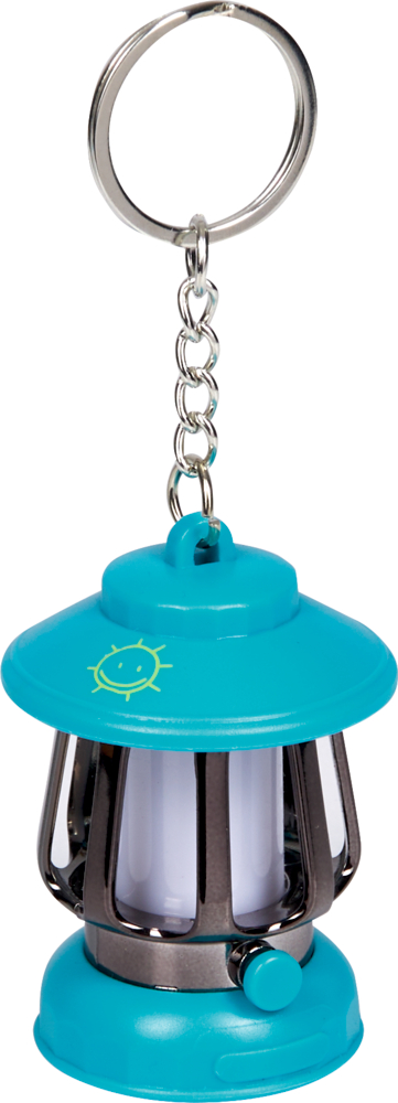Türkiser Laternen-Schlüsselanhänger mit silberner Kette und Ring und kleinem Sonnen-Symbol auf dem Schirm.