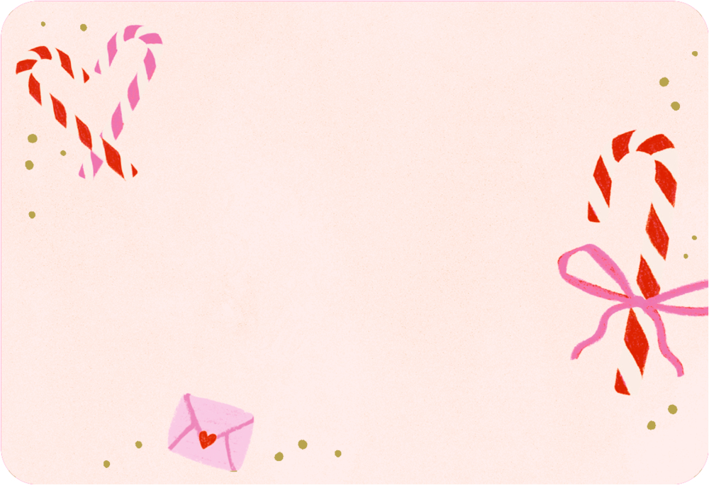 Rosa Karte mit roten und pinken Zuckerstangen, Herzform oben links, Briefumschlag unten links und Punkten als Dekor.