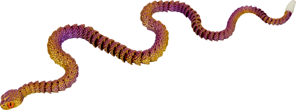 Eine farbenfrohe Spielzeugschlange mit violetten und goldenen Segmenten und einer weißen Rassel am Schwanz.