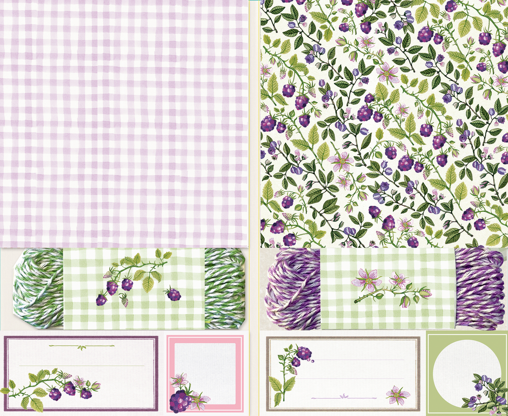 Set aus Papierbögen mit Karo- und Beerenmuster, farblich passenden Garnrollen und Etiketten mit Blütenmotiven.