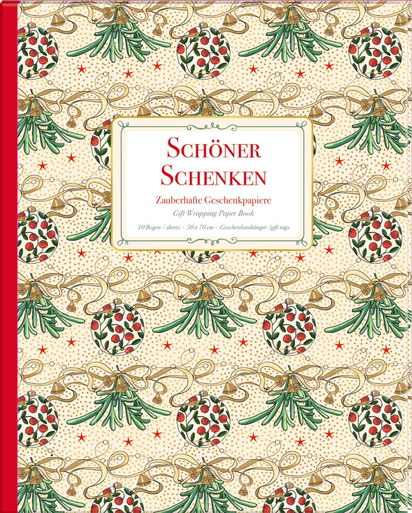 Geschenkpapier-Buch mit gemustertem Umschlag aus Mistelzweigen, goldenen Schleifen und roten Beeren auf hellbeigem Hintergrund mit roten Sternen.