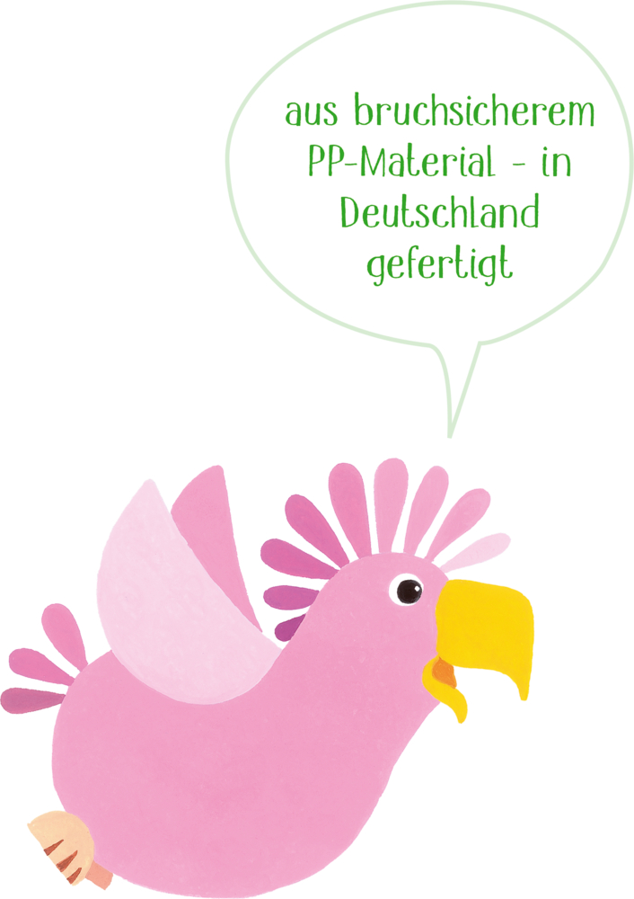 Rosa Cartoon-Kakadu mit Sprechblase: Hergestellt in Deutschland aus bruchsicherem PP-Material.
