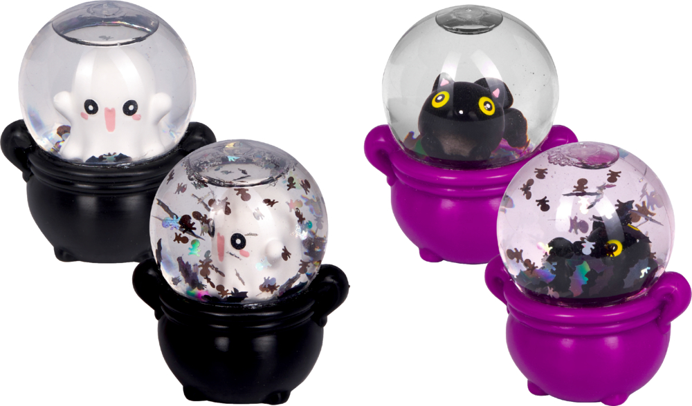 Vier kleine Schneekugeln mit schwarzen und lila Sockeln, darin Figuren von weißem Geist und schwarzer Katze mit Glitzerpartikeln.