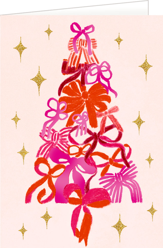 Karte mit gezeichnetem Baum aus rosa und roten Schleifen, umgeben von goldenen Sternen auf hellem Hintergrund.