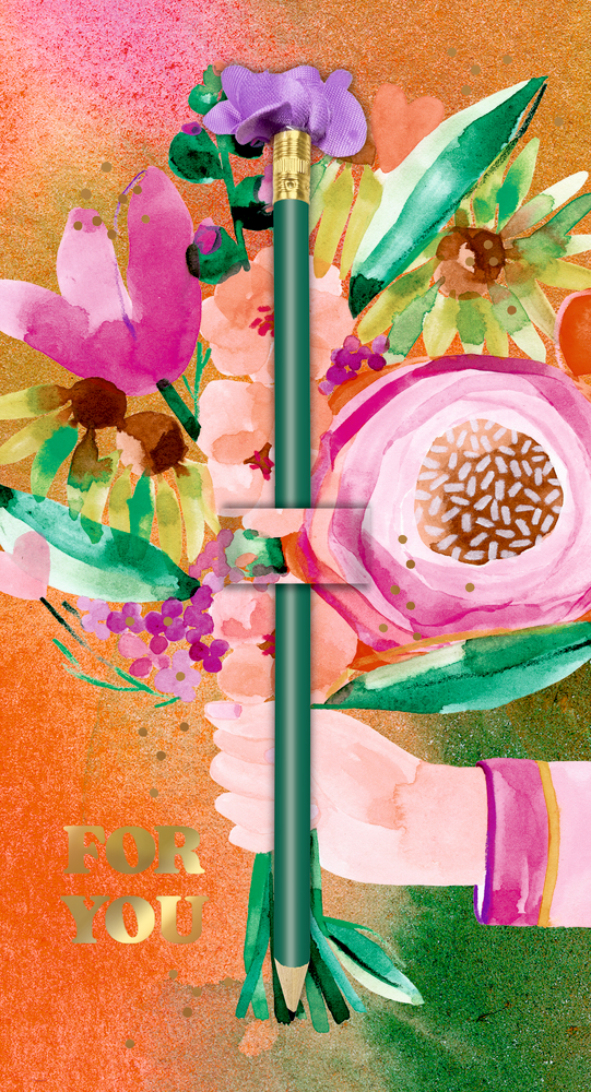 Grüner Bleistift mit violetter Blüte am Ende vor buntem Aquarell-Strauß und goldener Aufschrift „FOR YOU“.