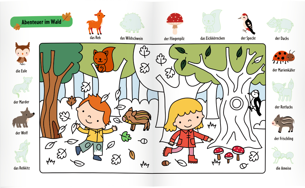 Zwei Kinder erkunden einen Wald voller Tiere, Bäume, Pilze und verstreuter Blätter, eine Doppelseite zum bestickern und ausmalen.