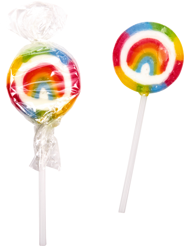 Zwei Regenbogen-Lutscher mit weißen Stielen – einer in Plastik eingewickelt, einer unverpackt.
