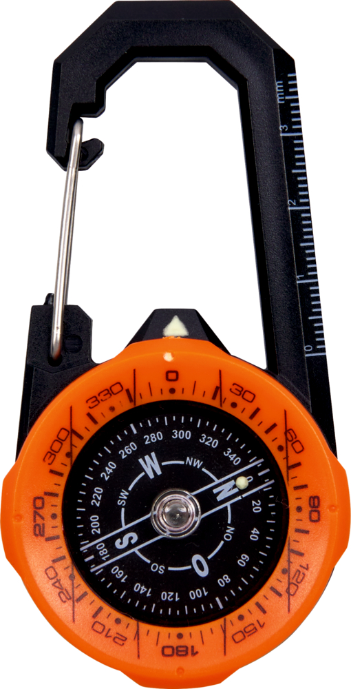 Runder Kompass mit orangefarbener Umrandung und schwarzer Skala, befestigt an schwarzem Karabiner mit Maßskala.