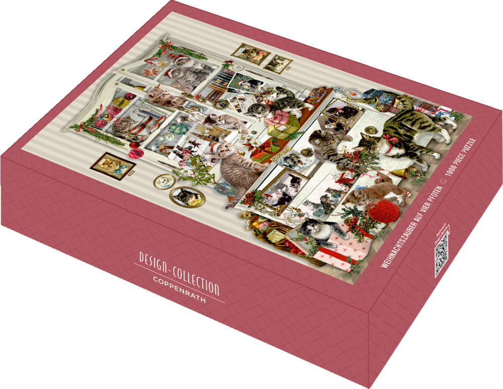 Puzzlebox mit einem weißen antiken Schrank mit Katzen, Büchern und festlicher Weihnachtsdekoration für eine gemütliche Atmosphäre.