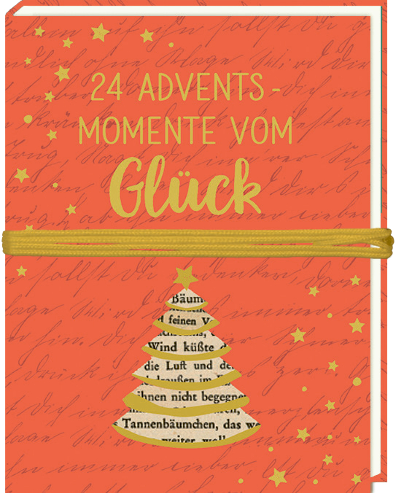 Oranges Buch mit goldenem Text „24 Adventsmomente vom Glück“, ausgestanztem Weihnachtsbaum und goldener Kordel.