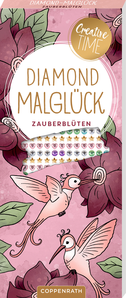 Malblock-Cover mit Blumen, Kolibris und bunten Schmucksteinen auf rosa Hintergrund, Text „Diamond Malglück Zauberblüten“.
