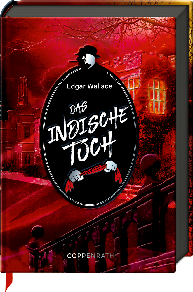 Buchcover Das indische Tuch von Edgar Wallace mit rot beleuchtetem Herrenhaus und einer schattenhaften Figur mit Hut.