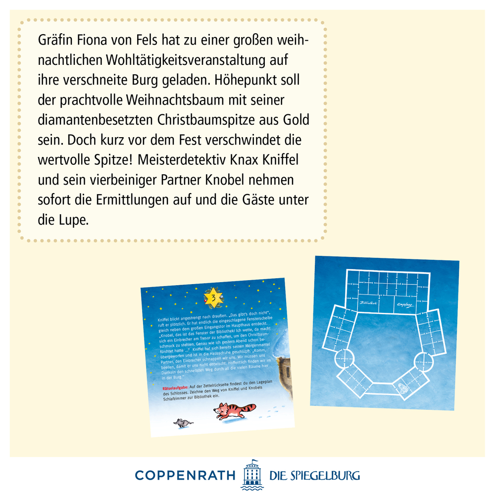 Beispieltext auf beigem Hintergrund, unten Logos von Coppenrath und Die Spiegelburg.