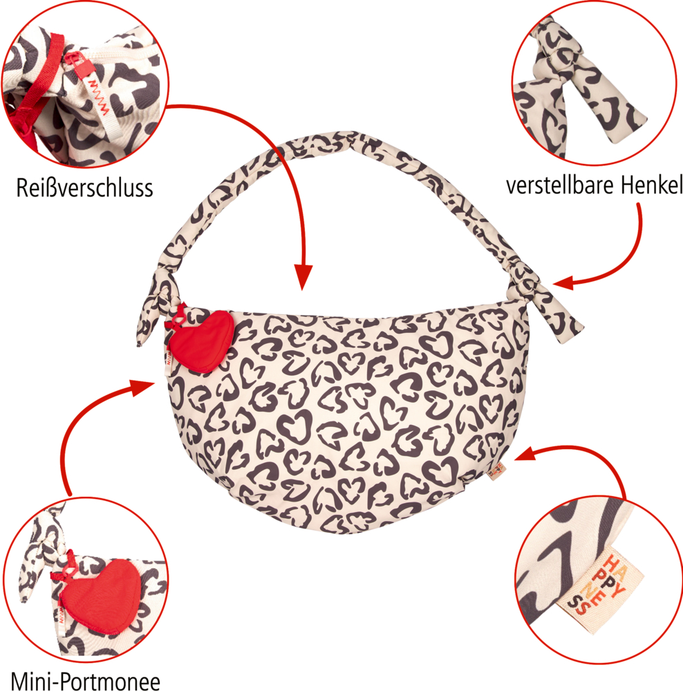 Beige Schultertasche mit dunkelgrauem Herz-/Leomuster, rotem Herz-Miniportemonnaie, Reißverschluss und verstellbarem Henkel.