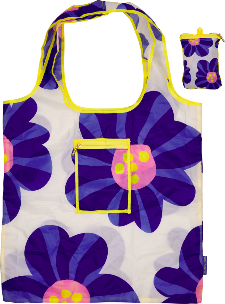 Wiederverwendbare Einkaufstasche mit großen -blau-lila und pinken Blumen, gelbem Rand und passendem kleinen Beutel.