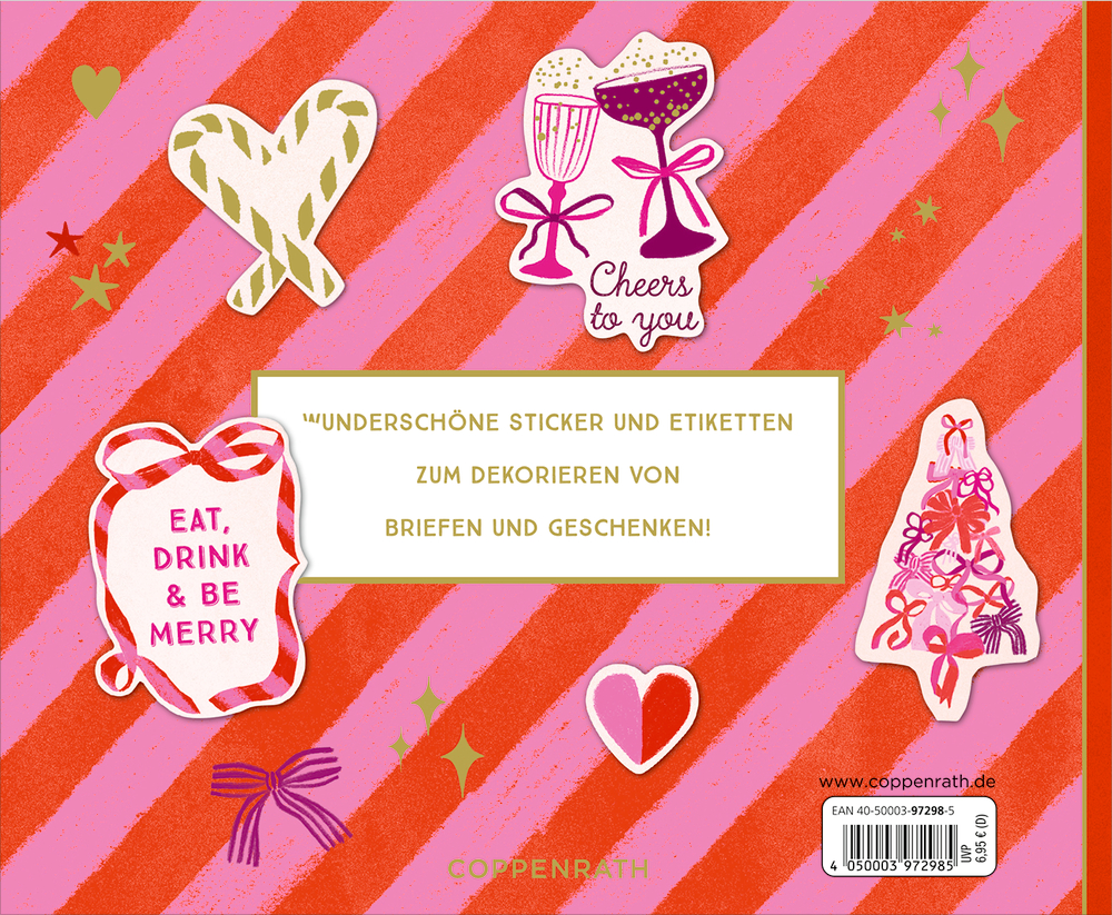 Rosa-rote Karte mit weihnachtlichen Stickern, darunter Herz, Sektgläser, Tannenbaum und Schriftzüge in Gold und Rosa.
