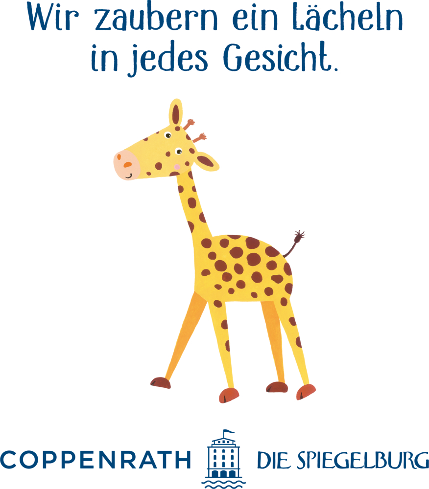 Illustration einer lächelnden Giraffe unter deutschem Text und dem Coppenrath-Die-Spiegelburg-Logo.