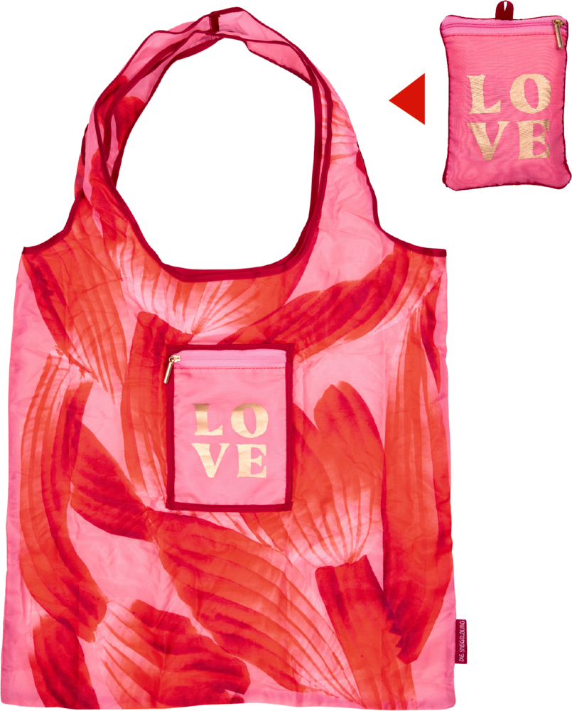 Rosa Tragetasche mit roten Blättermustern und aufgesetzter Tasche mit goldenem Schriftzug „LOVE“, daneben zusammengefaltete Version.