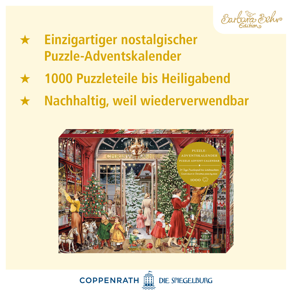 Rechteckige Verpackung eines Puzzle-Adventskalenders mit Weihnachtsladenmotiv und goldener Aufschrift auf gelbem Hintergrund.