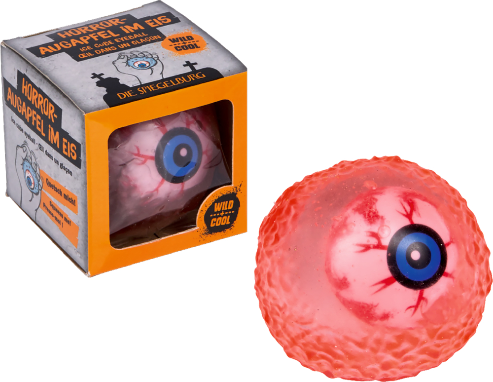 Roter, kugelförmiger Augapfel mit blauer Pupille, daneben passende Verpackung mit Sichtfenster.