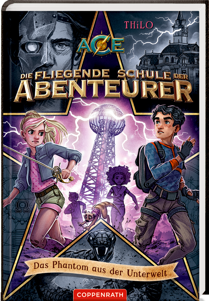 Buchcover: Vier Kinder rennen vor Blitzen vor einem Turm davon.