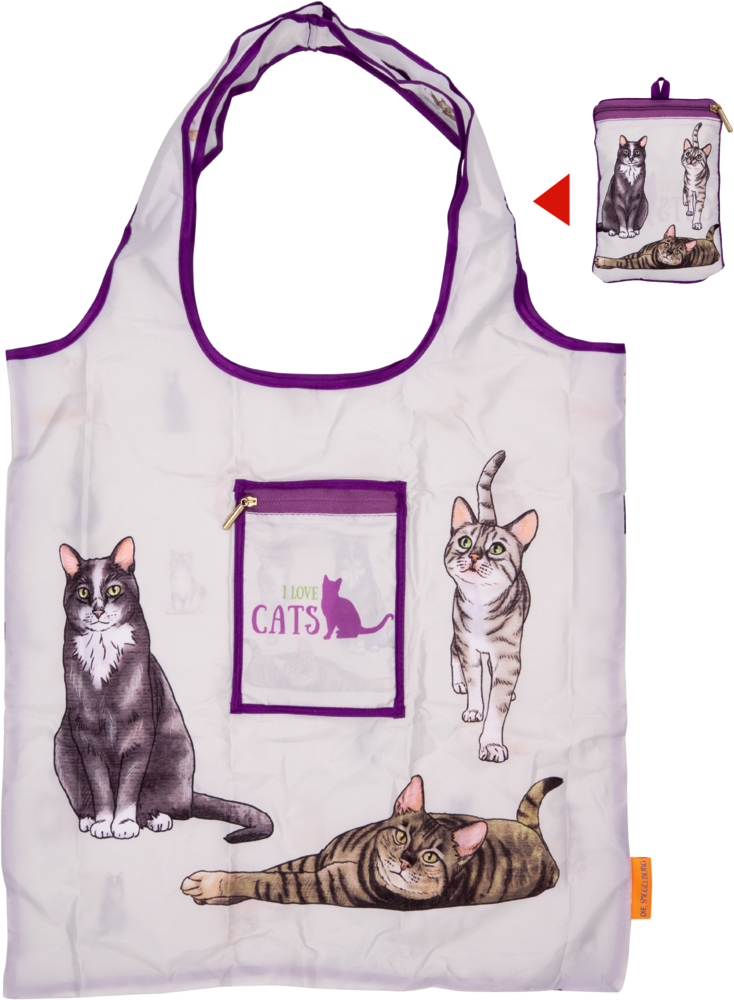 Helle faltbare Stofftasche mit lila Rand und Katzenmotiven sowie Aufdruck „I love Cats“ auf der Vordertasche.
