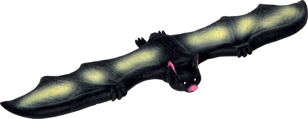 Schwarze Fledermausfigur mit ausgebreiteten gelblich schimmernden Flügeln und rosa Akzenten an Nase und Ohren.