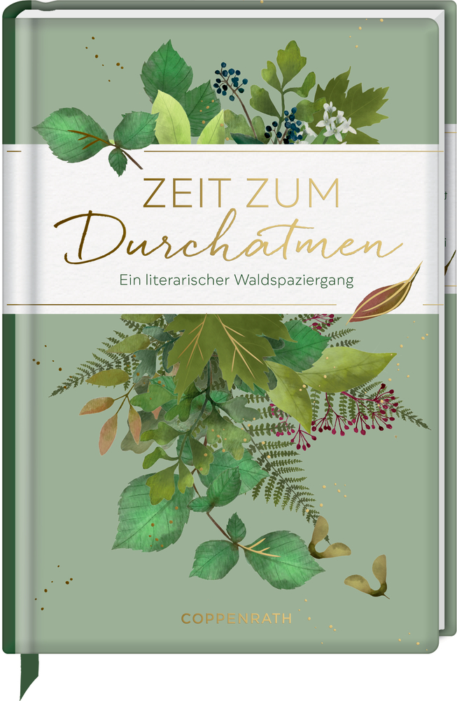 Buch mit grünem Einband, goldfarbener Schrift und floraler Illustration aus Blättern und Zweigen.