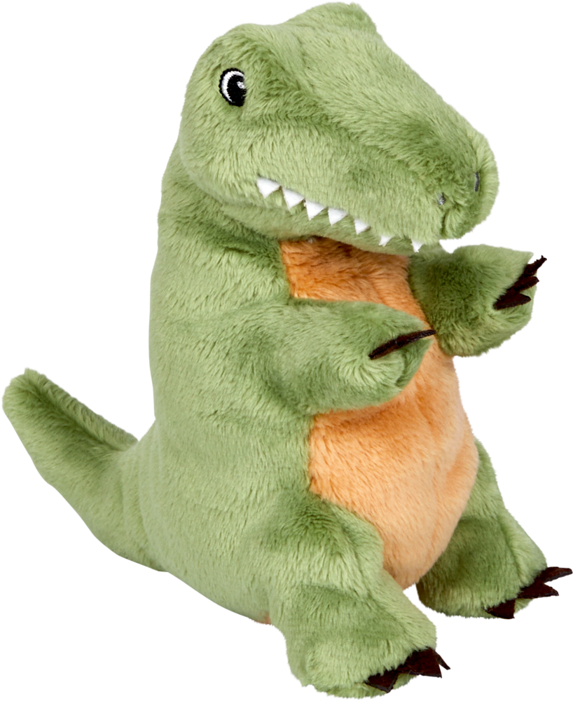 Grünes Plüschspielzeug in Dinosaurierform mit orangener Bauchfläche und kleinen braunen Krallen.