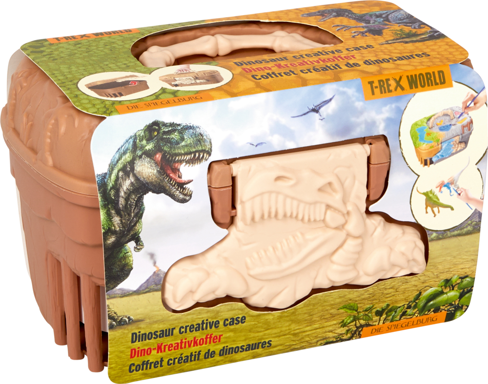 Kunststoffkoffer mit Dinosauriermotiv, T-Rex-Design und kreativem Spielset für Kinder.