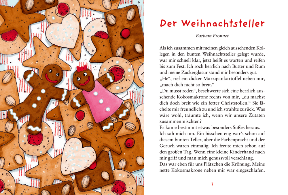 Buchinnenabbildung mit verschiedenen Weihnachtsplätzchen und Lebkuchen. Rechts daneben Text.