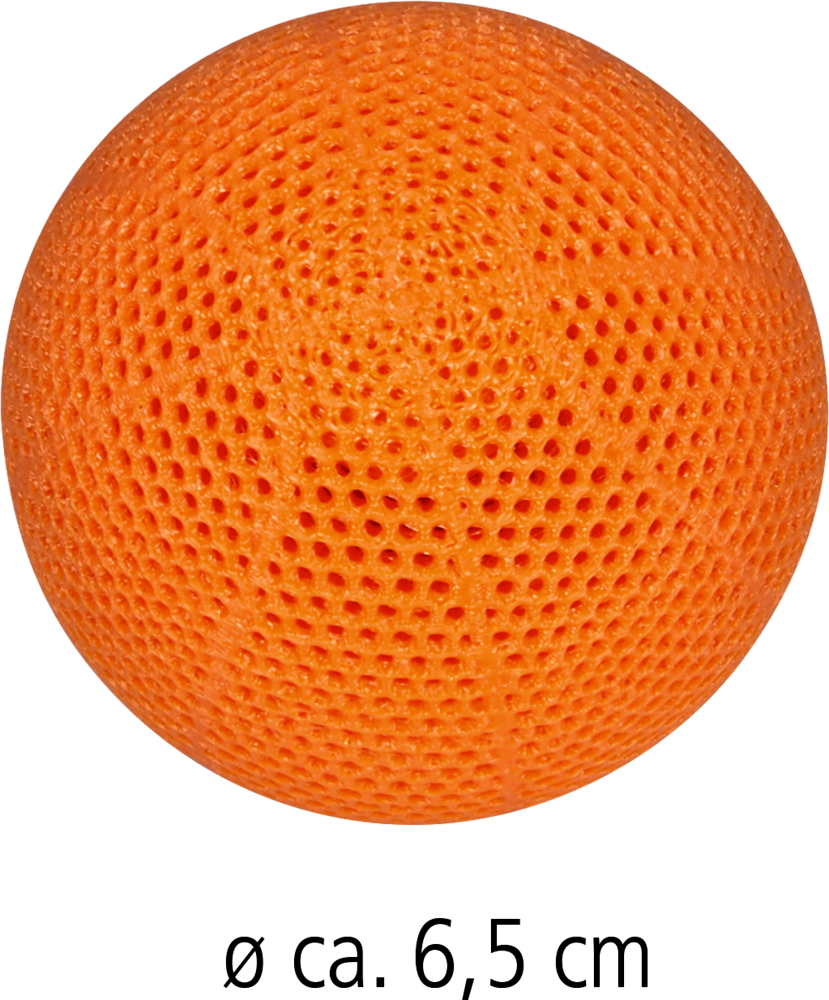 Orangefarbener Ball mit einem Durchmesser von etwa 6,5 cm.